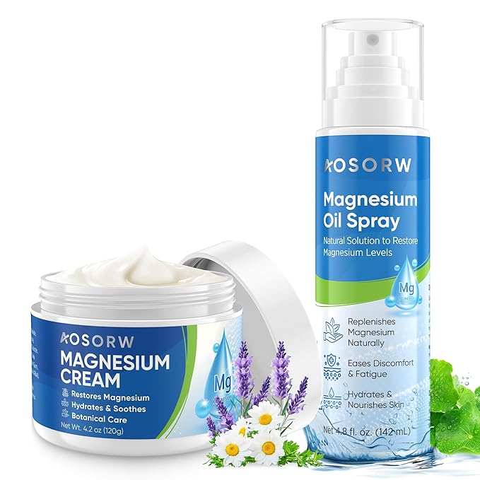 Magnesium Cream &amp Magnesium Oil Spray Bundle – Topical Magnesium Set for Muscle Relief &amp Sleep Support – With Herbal Extracts &amp Fast Absorption – 4.2oz Cream + 4.8oz Spray (Pack of 2)