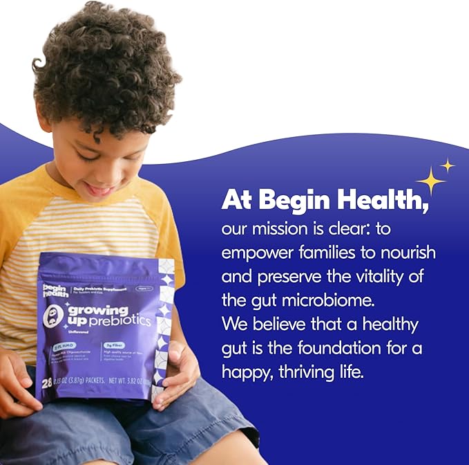 Begin Health Growing Up Prebiotics for Kids 28-Packs | Prebiotic Soluble Powder Stool Softeners and Digestive Gut Health Supplement | Ideal to Mix with Kids Daily Beverages and Soft Foods - Unflavored