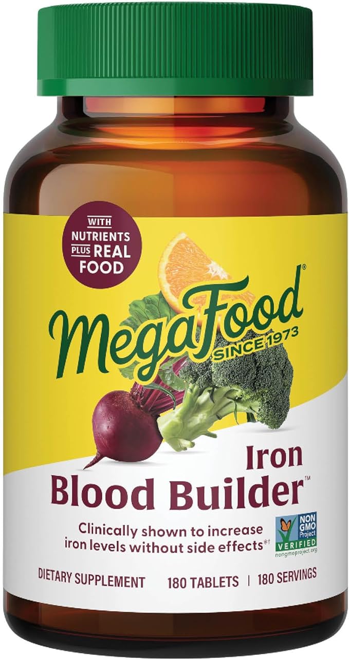 MegaFood Blood Builder Iron Supplement for Women &amp Men - Increase Iron Levels Without Side Effects - Combats Fatigue - with Vitamin B12 Folic Acid &amp Vitamin C for Absorption - Vegan - 180 Tab