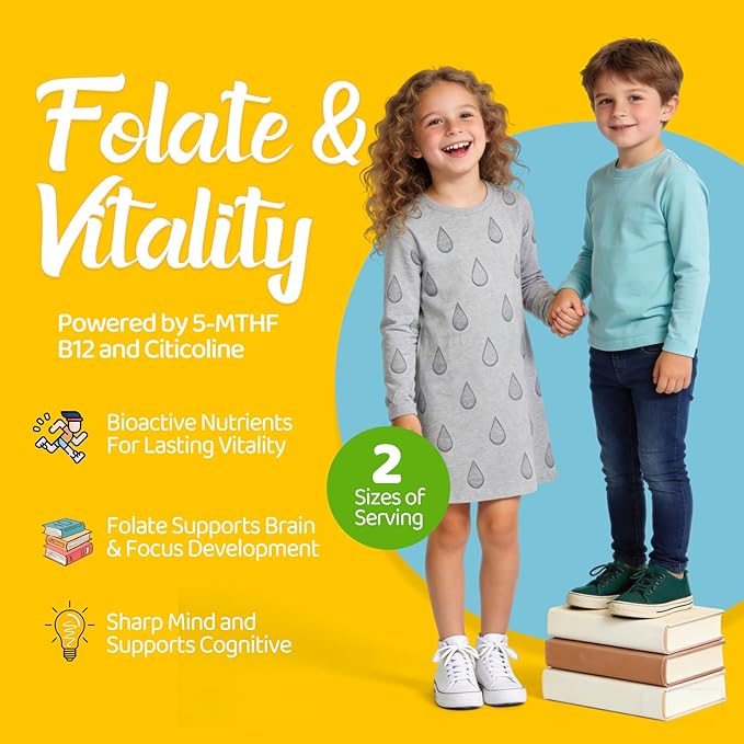 Liposomal L-Methylfolate 5-MTHF Liquid for Kids &amp Teens – High Absorption Methylated Folate with Citicoline &amp Methyl B12 – Supports Focus Clarity &amp Cognitive Development – Sugar-Free Berr