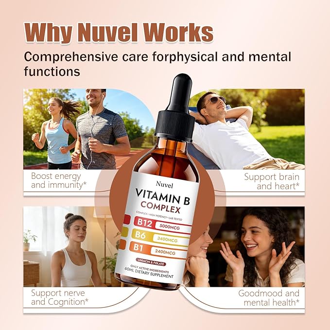 Nuvel Vitamin B Complex Drops with B12 B1 B6 5-in-1 Vitamin B Liquid Supplement for Daily Wellness