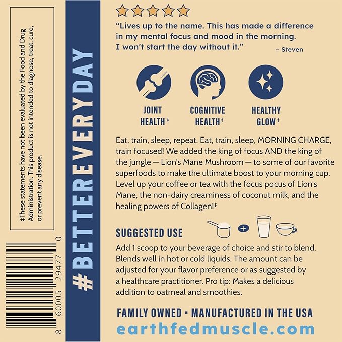Earth Fed Muscle Morning Charge Protein Coffee Creamer with Collagen &amp Lion’s Mane – Organic Coffee Creamer with Adaptogenic Mushrooms – Dairy-Free Soy-Free Gluten-Free – 24 Serving