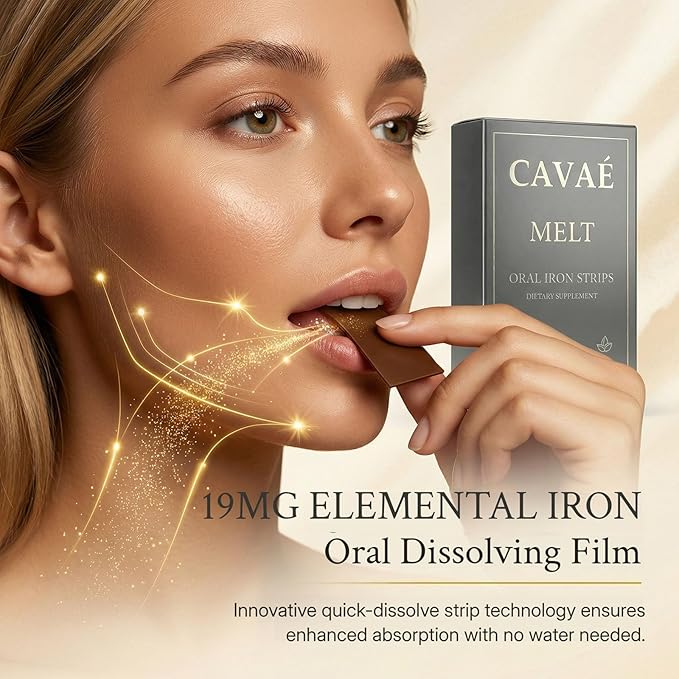 Cavae Melt Oral Iron Strips with Folate Ferrovia Iron Supplement for Women19mg Elemental Iron Per StripGentle &amp Fast-Dissolving Film for Energy - No Water NeededRaspberry Flavor30 Servings (1