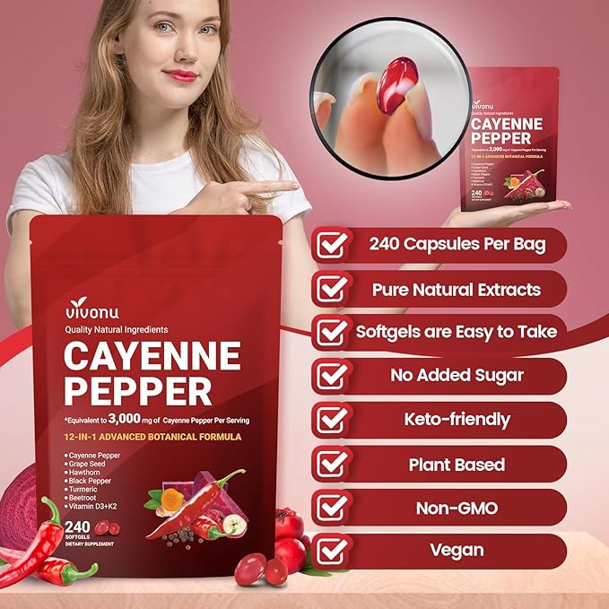 VivoNu Cayenne Pepper Softgels Supplement with Vitamin E D3+K2 and Extracts of Grape Seed Hawthorn Beetroot Berberine and Others Supports Leg Vein Heart and Blood Vessel Health