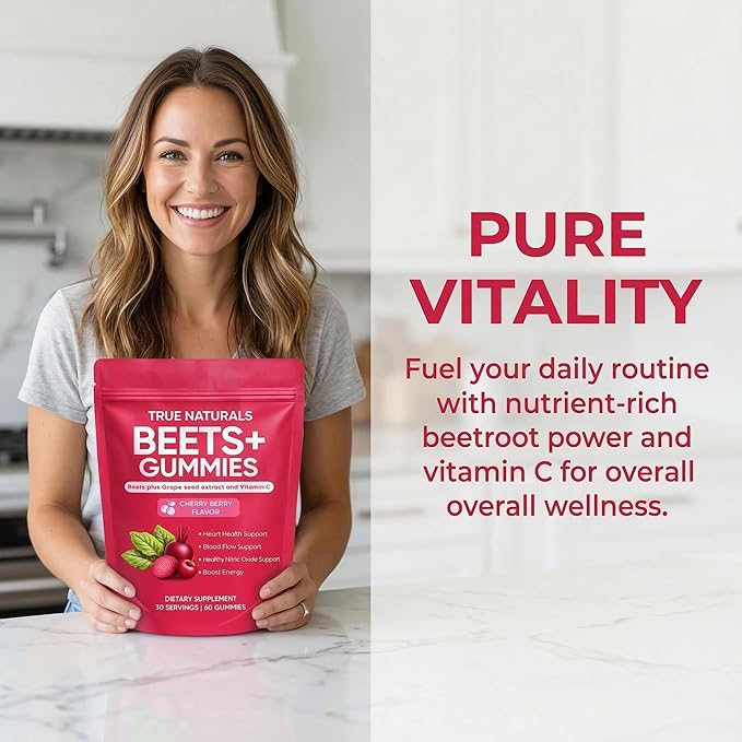 Beets+ Gummies - Beet Root Powder with Grape Seed Extract &amp Vitamin C Nitric Oxide Support Formula for Circulation &amp Cardiovascular Wellness Sugar-Free Dietary Supplement - 60 Gummies