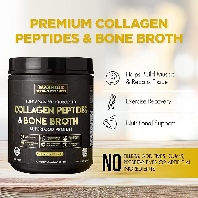 Premium Collagen Peptides Bone Broth Powder: Grass Fed Hydrolyzed Collagen Boost for Healthy Skin Nails Hair Joints Muscles Bones Digestion Keto Friendly Unflavored