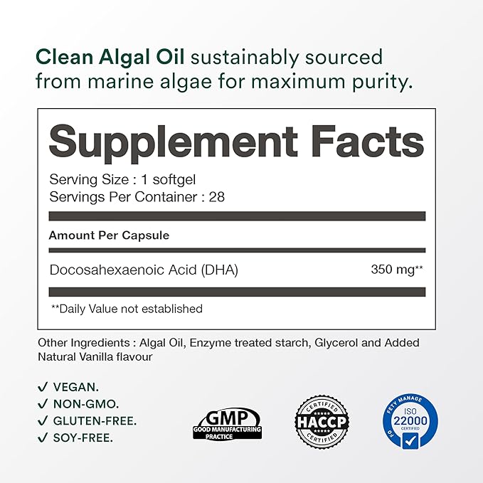 DHA Algal Oil 350mg | Vegan Omega-3 from Algae | Plant-Based Fish Oil Alternative for Brain Eye &amp Heart Health | 28 Veg Softgels