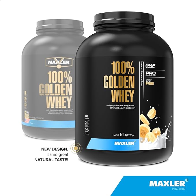 Maxler 100% Golden Whey Protein - 24g of Protein per Serving - Whey Protein Powder for Pre Post Workout - Fast-Absorbing Whey Concentrate Isolate &amp Hydrolysate Blend - Bananas &amp Cream 5 lb