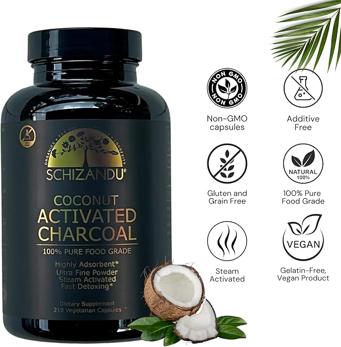 Schizandu Activated Coconut Charcoal Capsules – Vegan Organic Non-GMO No Additives – 210 Count X-Large Bottle