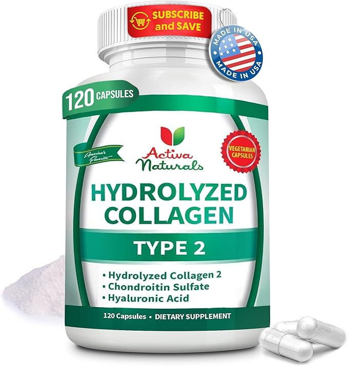 Collagen Type 2 Hydrolyzed Supplement with Chondroitin and Hyaluronic for Healthy Hair Skin and Nails No Fillers Additives and No Artificial Colors - 120 Vegetarian Capsules