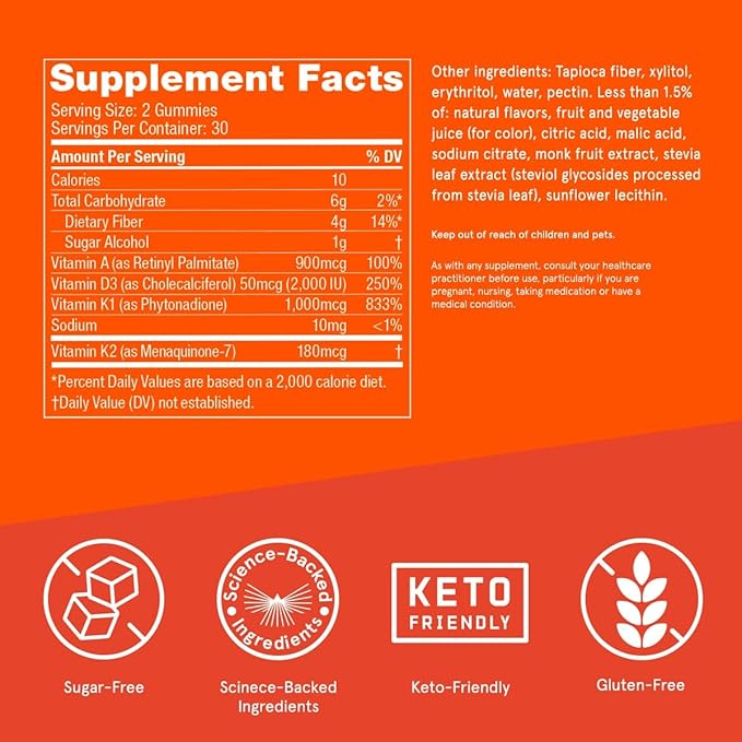 Bulletproof Sugar-Free Orange Strawberry Vitamins A+D+K Gummies 60 Count Keto Supplement for Heart Bone and Immune Support New and Improved Formula and Texture Packaging May Vary