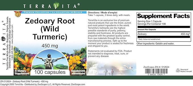Zedoary Root (Wild Turmeric) - 450 mg (100 Capsules ZIN: 512624)