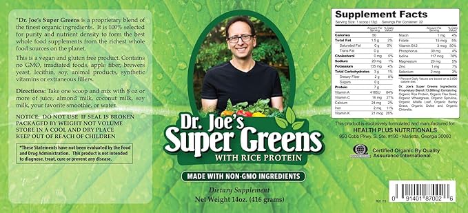 Dr. Joe's Super Greens - Vegan Green Superfood Powder with Rice Protein