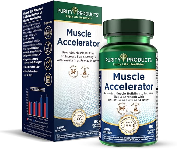 Purity Products Muscle Accelerator 650 mg Patented &amp Clinically Tested Muscle Accelerator Blend of Ayurvedic Herbal Extracts Promotes Strength Endurance + Muscle Growth - 60 Veg Caps