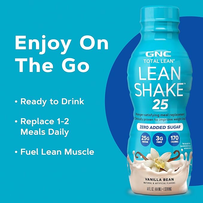 GNC Lean Shake 25 Protein Shake Clinically Proven Weight Management Meal Replacement 25g Protein with Zero Added Sugar Ready To Drink Vanilla Bean Pack of 12