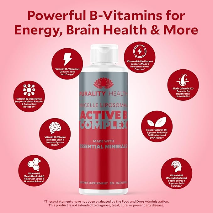 Vitamin B Complex Liquid Supplement Purality Health Liposomal Enhanced Absorption B1 B2 B3 B5 B6 B12 &amp Biotin + Essential Minerals 15 Day Supply