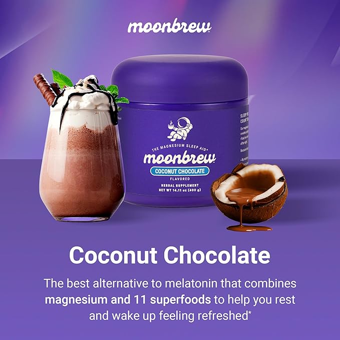MoonBrew Nighttime Magnesium Coconut Chocolate Mix Natural Sleep Aid Drink Mix for Adults - Calming Melatonin-Free Sleep Support Powder with Magnesium Glycinate L-Theanine Chamomile &amp Zinc