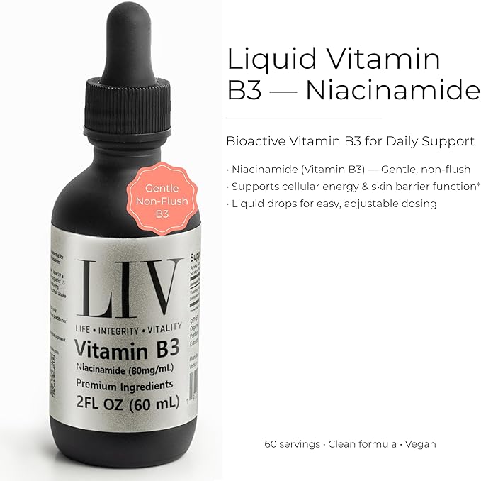 LIV Vitamin B3 Liquid – Niacinamide 80mg/mL Supplement for Cellular Energy &amp Skin Support – Non-Flush Drops – 60 mL