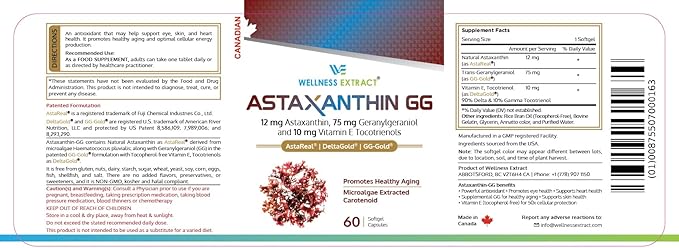 WELLNESS EXTRACT Astaxanthin 12mg Supplement – AstaREAL™ Astaxanthin with GG-Gold® Geranylgeraniol &amp DeltaGold® Tocotrienols Powerful Antioxidants for Eye Skin &amp Heart Health Support – 60 So