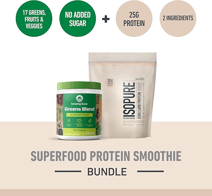 Build Your Smoothie Best Seller Bundle- Isopure Unflavored Zero Carb Protein Powder (16 Servings) and Amazing Grass Greens Original Blend Superfood (30 Servings)