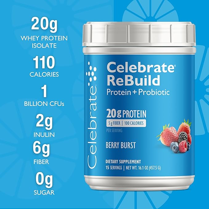 Celebrate Vitamins Rebuild Protein Powder with Probiotics &amp Prebiotics - 20g Whey Isolate Protein High Fiber for Post Bariatric Surgery Patients - Berry Burst (15 Servings)