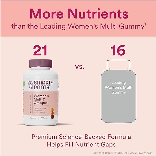 SmartyPants Women's Multivitamin Gummies: Omega 3 Fish Oil (EPA/DHA) Methylfolate CoQ10 Vitamin D3 C Vitamin B12 B6 A K &amp Zinc Inositol Gluten Free (30 Day Supply) 180 Count (Pack of 2