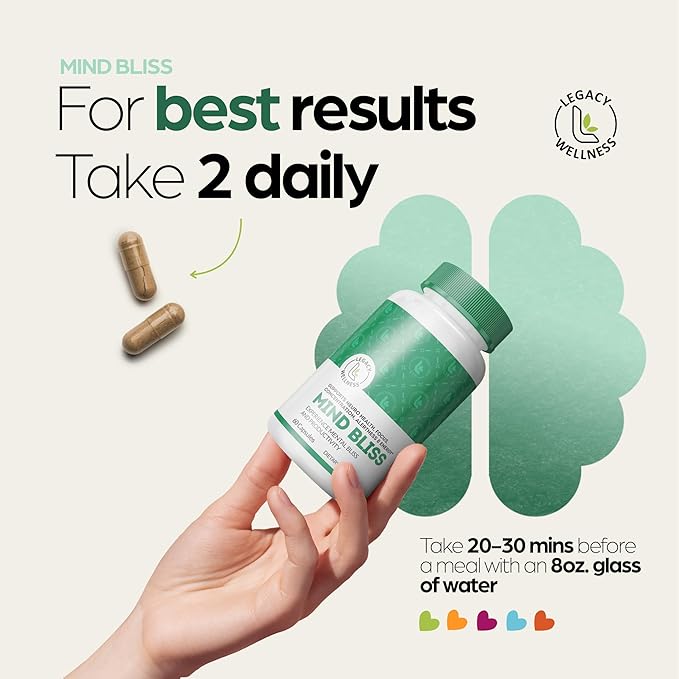 Mind Bliss Brain Supplement: 40-Ingredient Memory Focus &amp Clarity Vitamins Energy Boost &amp Nootropic Support with DMAE 60 Pills