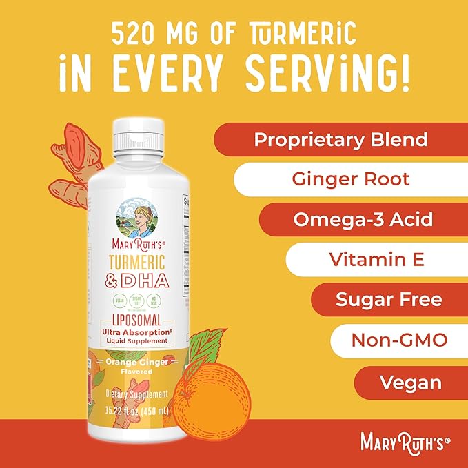 MARYRUTH'S Organics | Liposomal Turmeric &amp DHA | Curcumin | Ginger Root Oil | Algal DHA &amp Vitamin E | Cognitive Function | Mood Support | Joint Health | Liquid Supplement | 15.22 oz