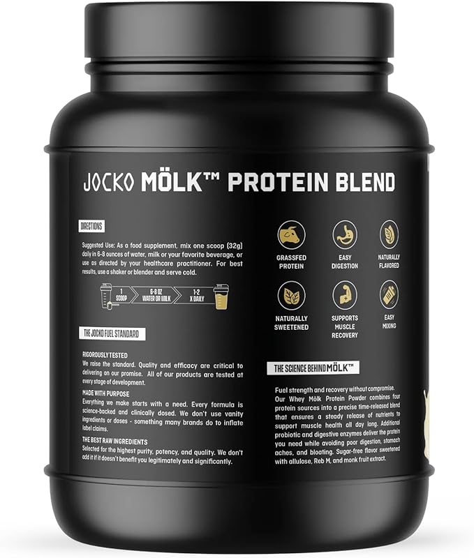 Jocko-Mölk Protein Powder 21 Servings - Grass-Fed Whey Micellar Casein Egg Protein Blend with Digestive Enzymes Probiotics Sugar-Free Soy-Free Gluten-Free (1.48 lbs Mölk-Vanilla)