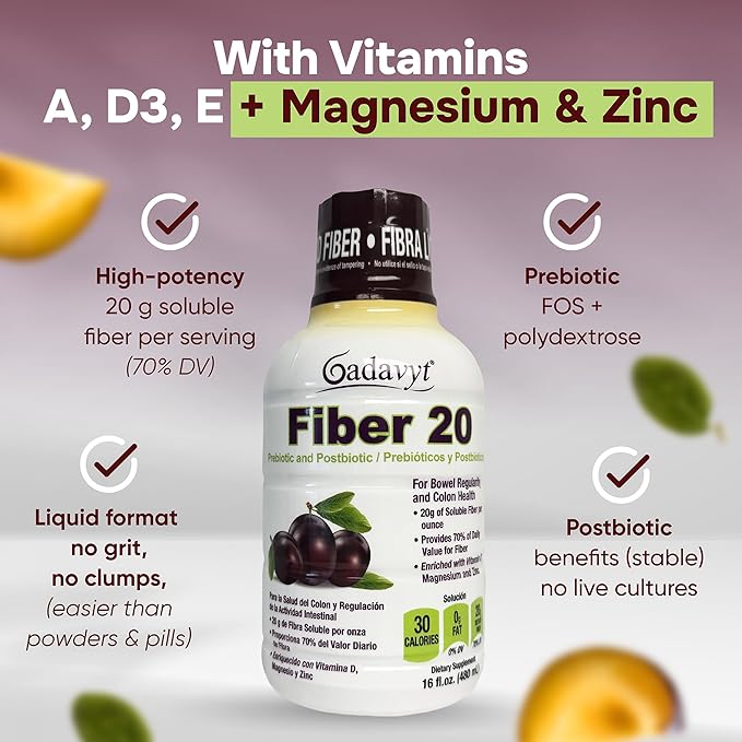 Fiber 20 - High Fiber Supplement for Women &amp Men 20g Liquid Soluble Fiber/Serving Prebiotic &amp Postbiotic Complex + Vitamins A D3 E &amp Magnesium Gut Health Digestive Health 16 fl oz