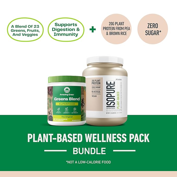 Bundle of Amazing Grass Greens Superfood Powder: Original 30 Servings + Isopure Unflavored Vegan Protein Powder Plant Based Organic Pea Protein Dairy Free 20 Servings (Packaging May Vary)