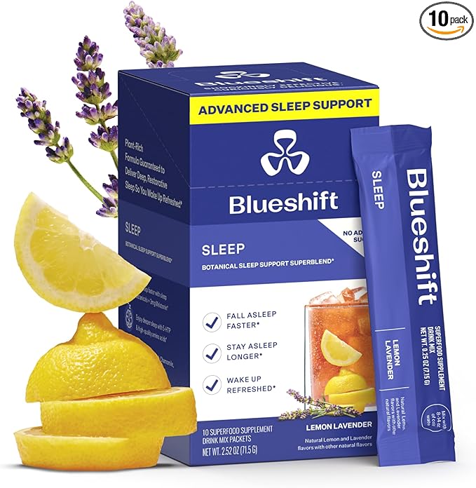 Blueshift Sleep Aid Powder for Adults – Lemon Lavender | 3 mg Melatonin 5‑HTP Taurine &amp Glycine | Stick‑Pack Drink Mix – Zero Sugar 5 Cal | Deep REM &amp Next‑Day Refresh | Sleep 10 ct