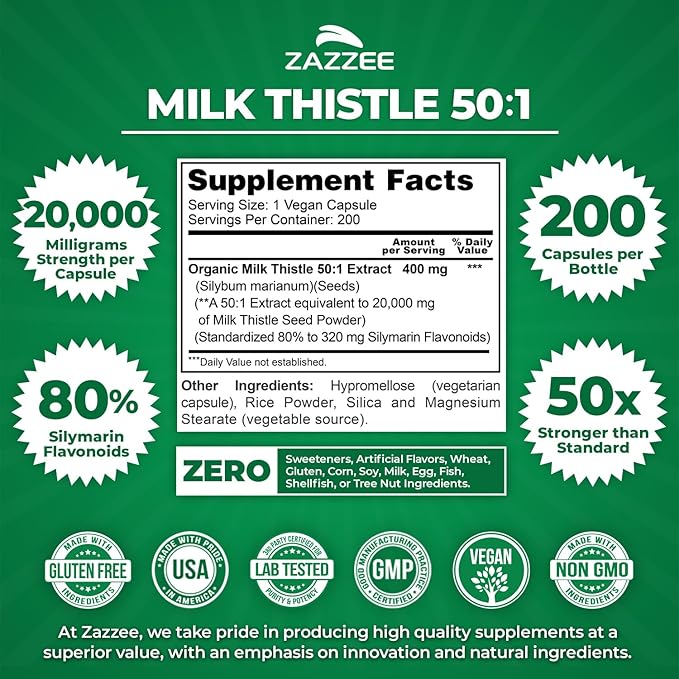 Zazzee Artichoke Leaf &amp USDA Organic Milk Thistle | 20:1 Artichoke Leaf Extract Plus 50:1 Milk Thistle Extract | Liver Cleanse Detox Bundle