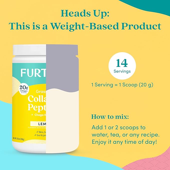 Further Food Lemon Collagen Peptides Powder - 100% Grass-Fed Hydrolyzed Type 1 &amp 3 20g of Collagen per Serving Supports Skin Hair Nails &amp Joints 10.5 Oz
