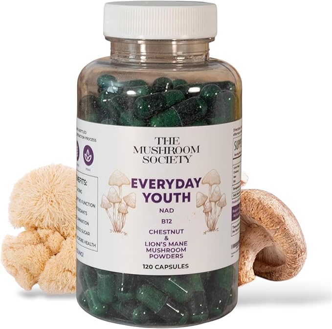 Everyday Youth - Anti-Aging Supplement - Brain &amp Cellular Energy Formula – Lion’s Mane Chestnut NAD B12 + Beta-Glucans - 120 Vegan Capsules
