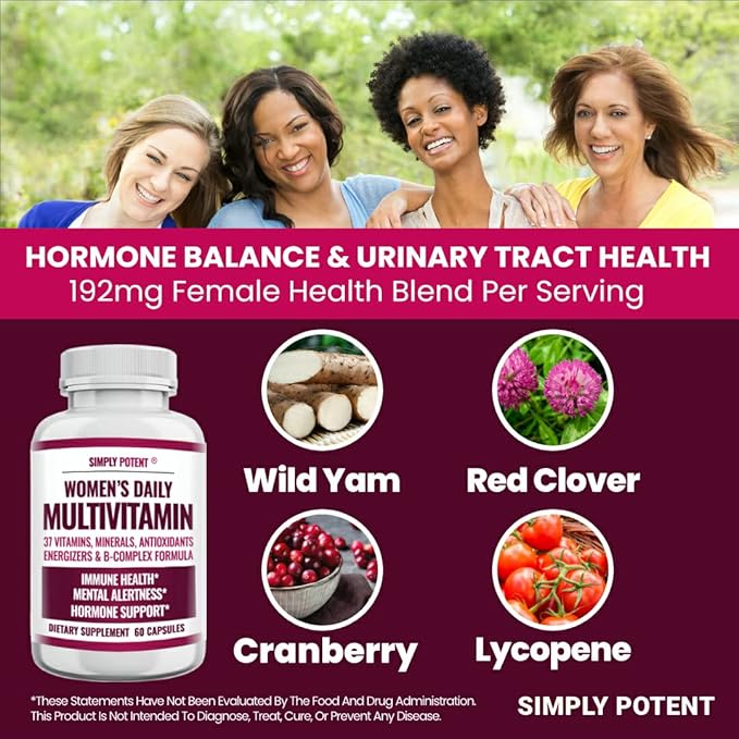 Simply Potent | Women's Multivitamin – 37 Vitamins &amp Minerals with Biotin Vitamins A C D E B12 Folate Zinc Magnesium Calcium &amp Green Tea Extract | Non-GMO Gluten-Free | 60 Capsules