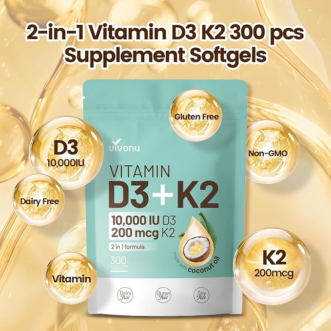 Vitamin D3 K2 10000 IU with MK7-300 Virgin Coconut Oil Softgels 2 in 1 Vitamins D &amp K Complex | Vitamina D3 con K2 | Supports Calcium Absorption Bone Immune &amp Heart Health – Easy to Swallo