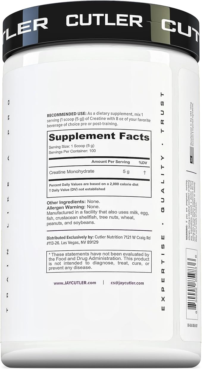 Cutler Nutrition Pure Creatine Monohydrate - 5g Per Serving - Premium Muscle Builder Enhances Strength Performance &amp Recovery - Unflavored for Easy Mixing (100 Servings)