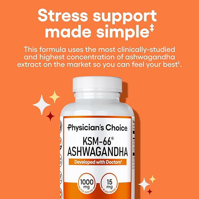 Physician's CHOICE KSM-66 Ashwagandha Root Powder Extract 1000mg - Organic - with Black Pepper for Maximum Absorption - 5% Withanolides - Stress Mood &amp Athletic Support - 60 Vegan Capsules