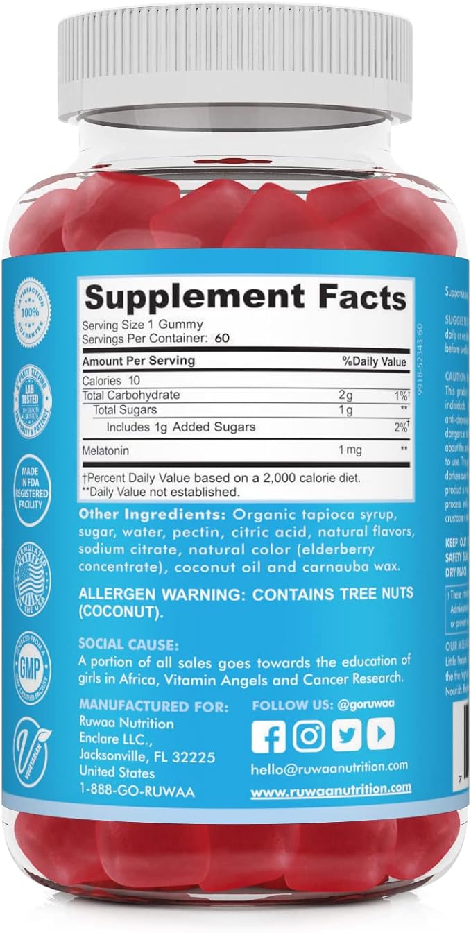 RUWAA NUTRITION Melatonin Gummies Safe Drug-Free &amp Effective Natural Sleep Aid Supplement for Children. Kids 1mg Melatonin Gummy Gluten-Free Vegetarian Restful Sleep Products for Ages 4+ 120ct