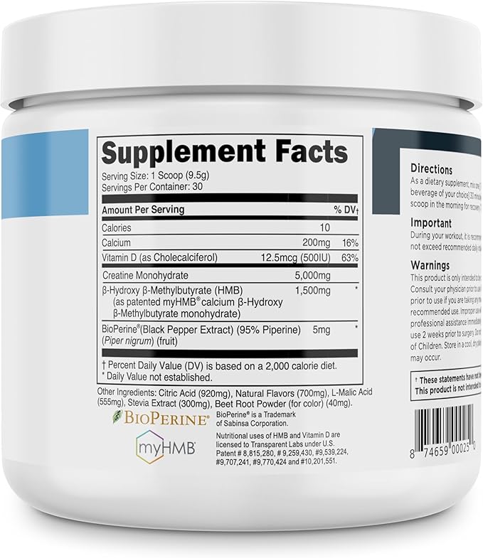Transparent Labs Creatine HMB - Creatine Monohydrate Powder with HMB for Muscle Growth Increased Strength Enhanced Energy Output and Improved Athletic Performance - 30 Servings Strawberry Lemonade