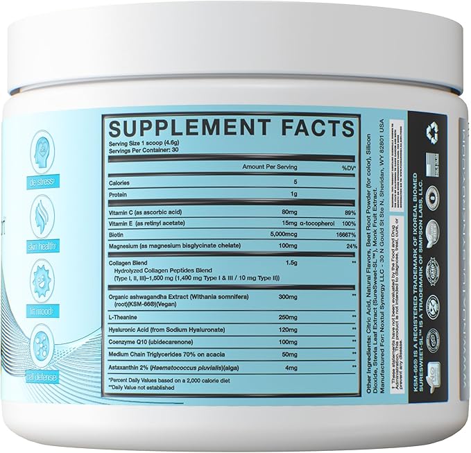 Daily Stress &amp Skin Support Drink Powder – Adaptogen Cortisol Reducer with Ashwagandha KSM-66 L-Theanine Magnesium &amp Collagen Peptides – Mood Focus &amp Hydration - Raspberry Lemonade 30