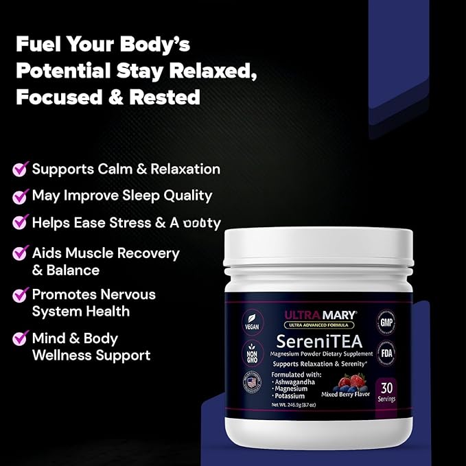Magnesium Potassium + Ashwagandha Powder–Mixed Berries FlavorDietary Supplement Drink Mix ChamomileLavenderPassionflower &amp Herbal BlendRelaxation &amp Calm Support FormulaVegan–30 Servings