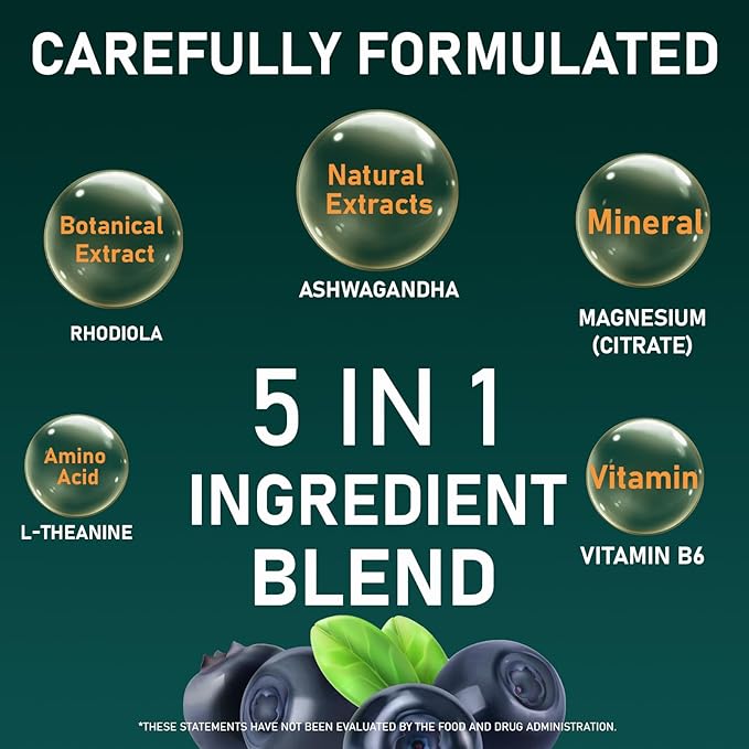 Cortisol Support Gummies with Ashwagandha &amp L-Theanine – 5-Ingredient Daily Formula Blueberry Flavor 60 Count