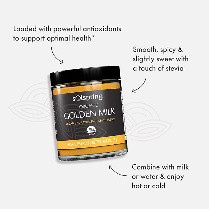 Dr. Mercola Solspring Organic Golden Milk Herbal Supplement 2.64 Oz. (75 g) Vegan Spice Blend with Turmeric &amp Ginger Non GMO Gluten Free Soy Free USDA Organic (Pack of 2)