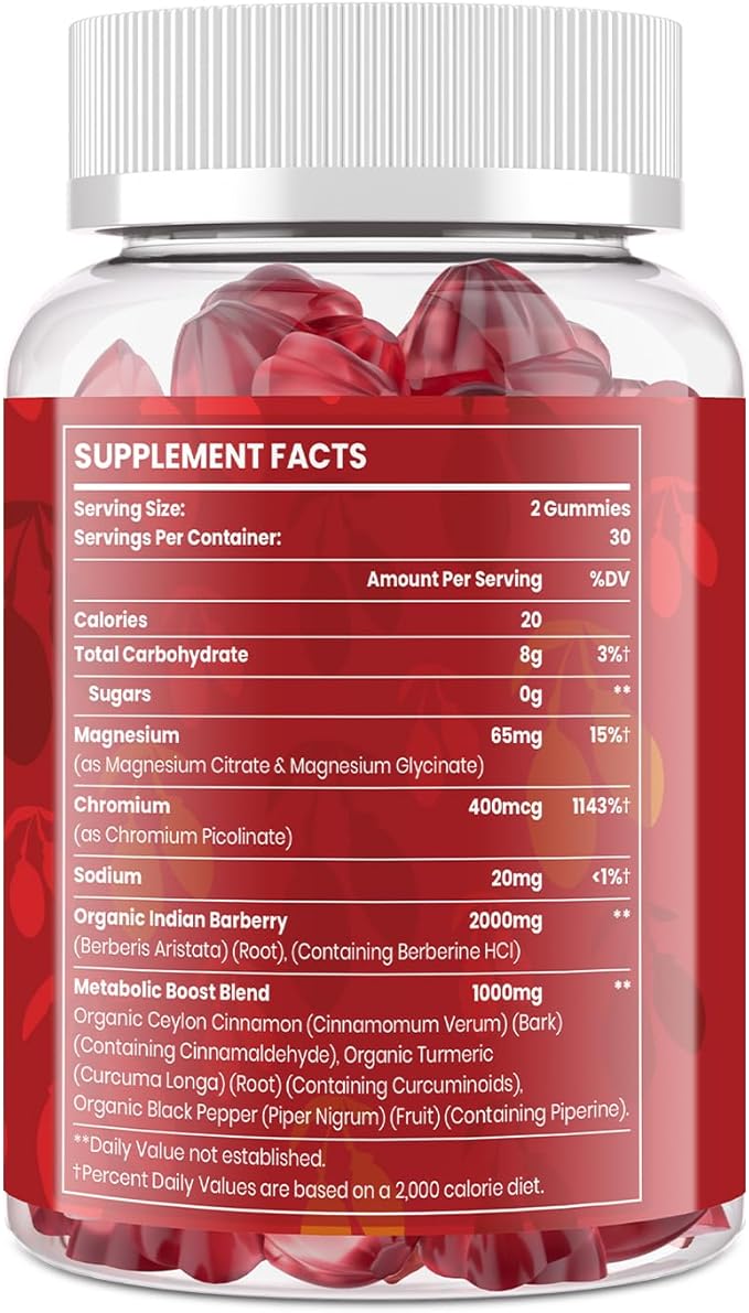 2000mg Berberine Supplement Gummies – High Potency Wellness Blend with Ceylon Cinnamon Turmeric Magnesium &amp Chromium Vegan Non-GMO Gluten-Free Peach Flavor 60 Gummies - 1 Pack
