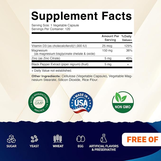 Vitamatic Magnesium (from Bisglycinate &amp Oxide) with Vitamin D3 &amp Zinc - 120 Veg Capsules - Supports Muscle Joint Nerve &amp Heart Health – Non-GMO Gluten-Free - 2 Pack