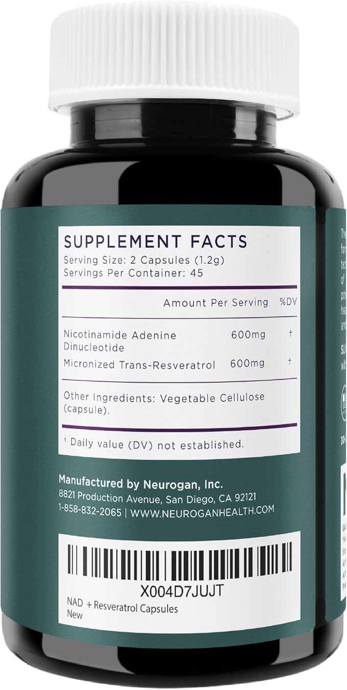Neurogan NAD+ Resveratrol Supplement - Cellular Balance Support - 1200mg NAD+ &amp Trans-Resveratrol per Serving 90 Count
