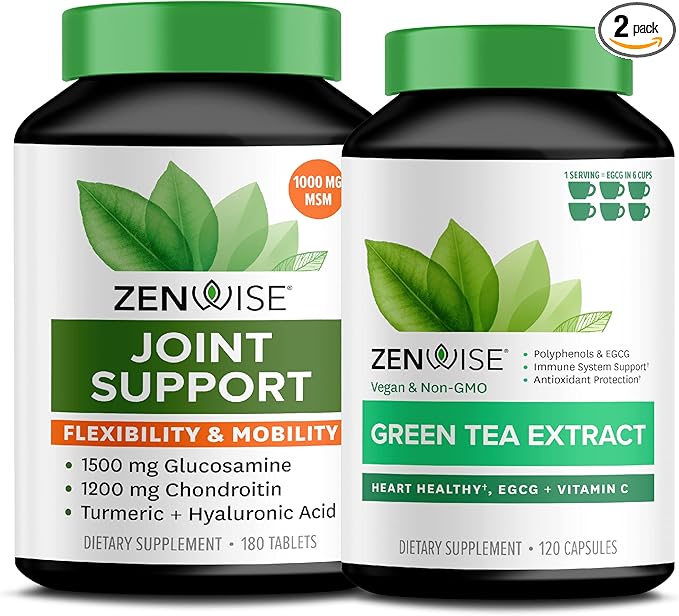 Zenwise Health Energy &amp Mobility Boost Bundle - Joint Support + Green Tea Extract - Features MSM Glucosamine &amp Chondroitin for Extra Strength Relief - Plus Vitamin C - Immune &amp Metabolism