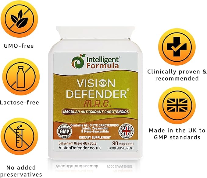 Vision Defender MAC Eye Supplement: Lutein Zeaxanthin &amp Meso-Zeaxanthin Triple Antioxidant Carotenoids for Eye Health and Eyesight (90 Capsules/One Capsule Daily) Made in UK